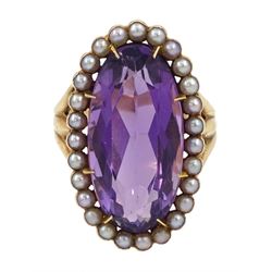 Victorian 9ct gold oval amethyst and seed pearl cluster ring, boxed