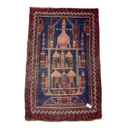 Persian Baluchi prayer rug, blue ground field decorated with Mosque and cityscape, the border with repeating geometric designs 