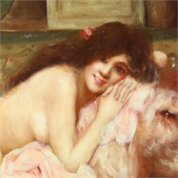 After Léon-François Comerre (French 1850-1916): Reclining Woman upon a Lion Skin; after Madame la Marquise de Salvo (Italian 19th century): Young Mother with Child, two oils on panel signed V Conti 20cm x 25cm (2) (unframed)