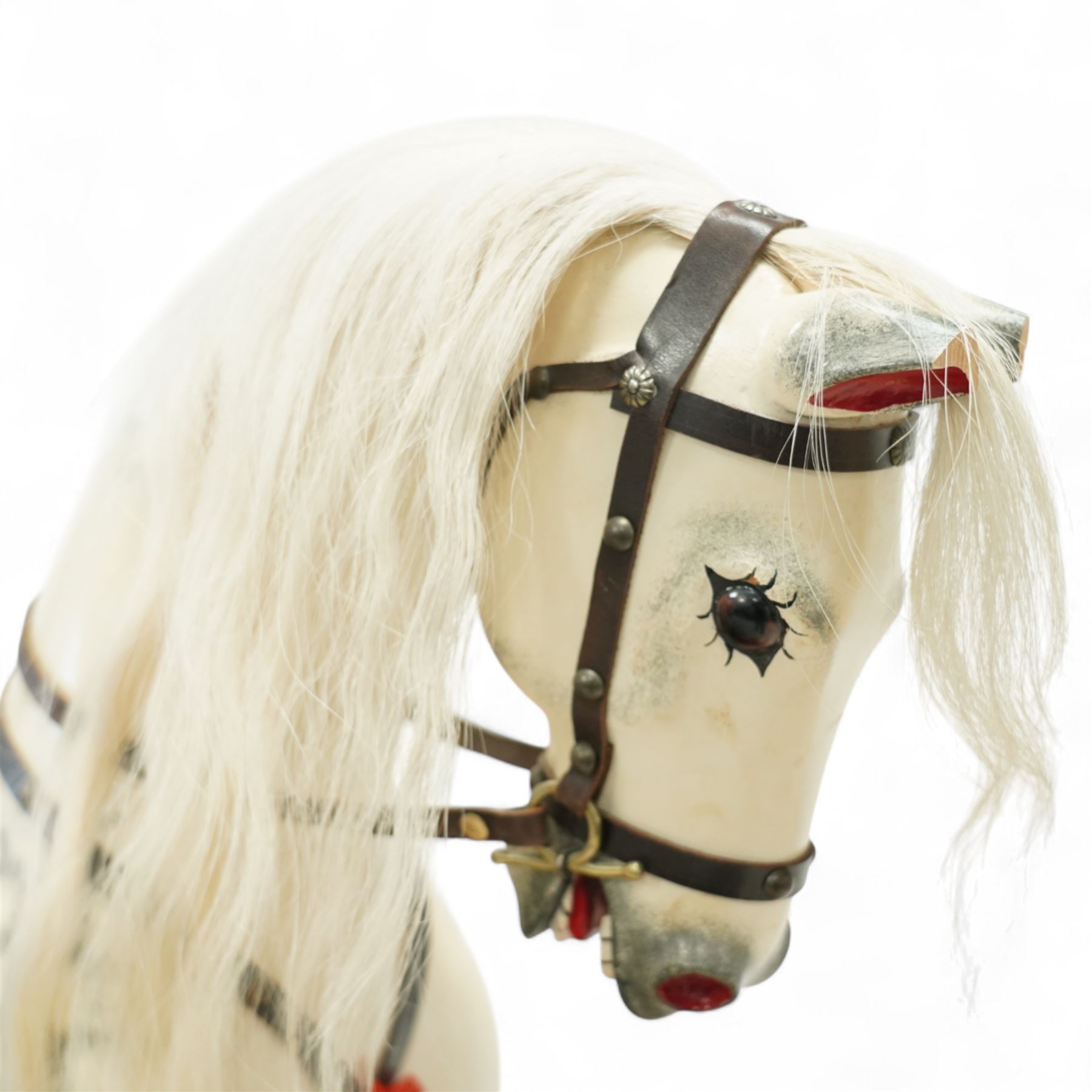 Antony Shackleton of Snainton - 1997 rocking horse titled ‘Fred’, the painted dapple grey body with real horsehair mane and tail, green velvet saddle cloth and leather tack, mounted on a pine swing stand with brass fittings