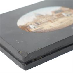 19th-century Italian Grand Tour micromosaic paperweight, the rectangular slab of polished Nero Belgio black marble inset with an oval micromosaic panel finely composed in minute tesserae, depicting a classical architectural view evocative of ancient Rome, centred by a triumphal column and flanked by monumental buildings, 14cm x 9.5cm