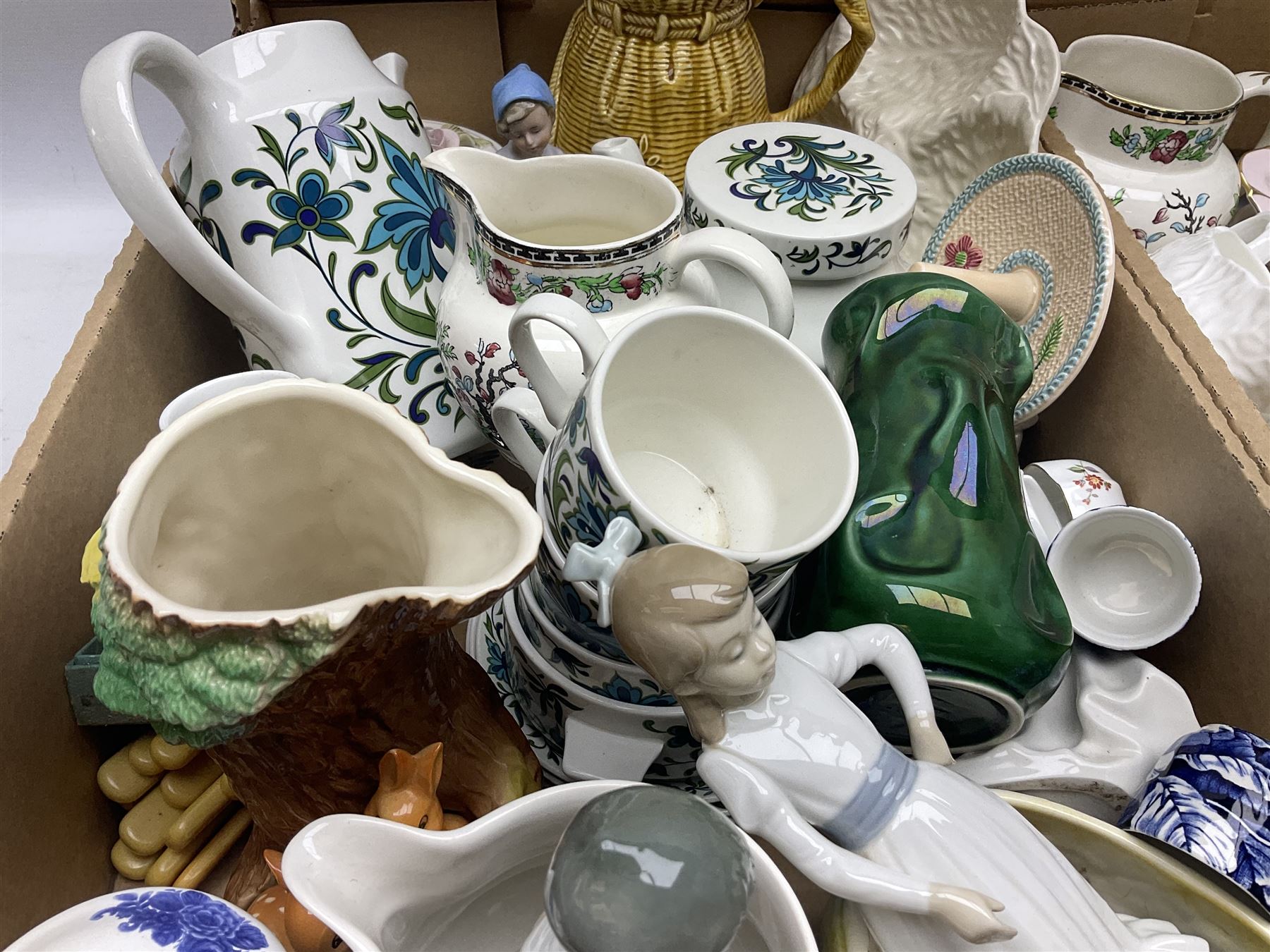 Wedgwood and Coalport 'Countryware' pattern ceramics, to include teapot, toast rack, napkin rings, jug, oval dish, sauce boat and saucer, etc, together with other ceramics to include Hornsea Fauna vase, Sylvac Apple Blossom pattern bowl, Sylvac jug in the form of a sack, no. 406, two Nao figures, tea wares, silver plated cutlery etc