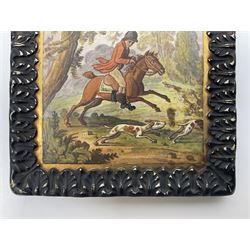 Pair of 19th century Spode wall plaques, of rectangular form, depicting fox hunting scenes of the huntsman and hounds within forest landscape, surrounded by gilt and black frame with foliate detail, H15cm, D12cm