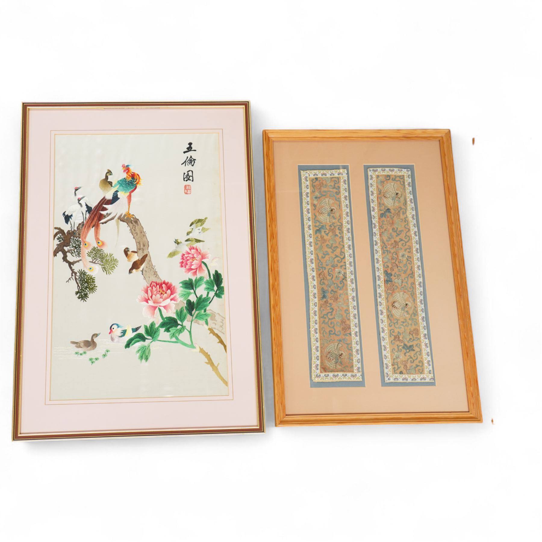 Collection of embroidered Chinese silk tapestries and collars, 19th century and later, all framed, largest 54cm x 34cm (5)