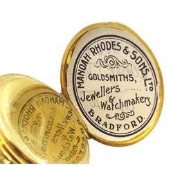 Edwardian 18ct gold half hunter keyless lever fob watch by Manoah Rhodes & Sons Ltd, No. 30256, white enamel dial with Roman numerals, back case engraved with monogrammed initials, case makers mark G B, London 1903, in fitted velvet and silk lined case