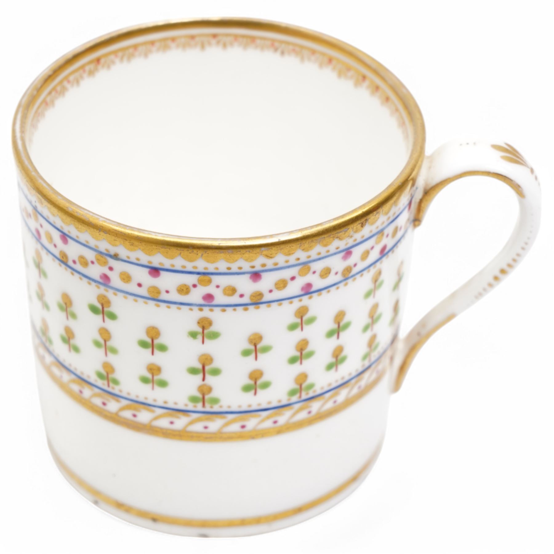 Pinxton porcelain trio, pattern no.193, comprising coffee can, teacup and saucer, decorated with green and gilt stylised sprigs and red and gilt dot borders, teacup with painted marks to base (3)