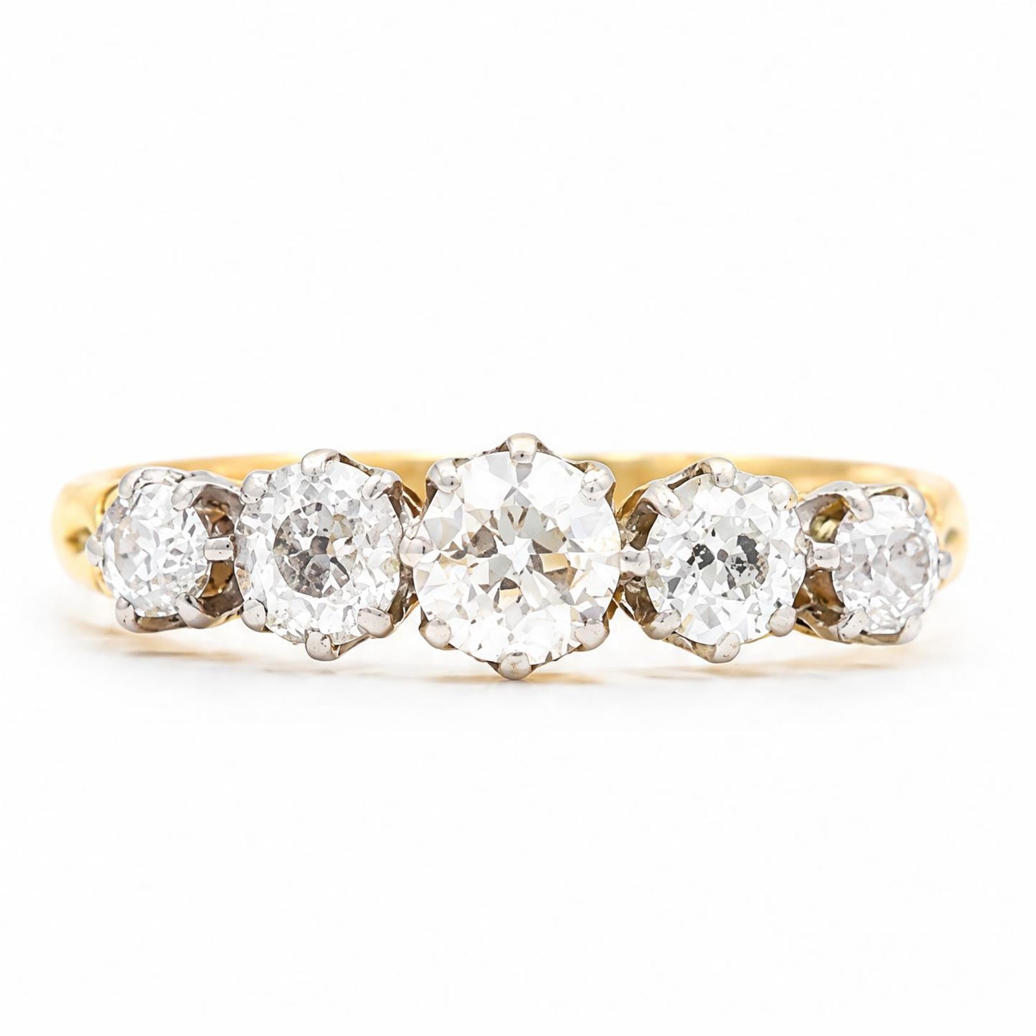 Gold diamond ring, set with five graduating old cut diamonds, stamped 18ct, total diamond weight approx 0.90 carat