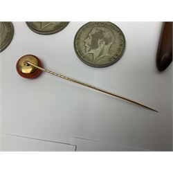 14ct gold coral stick pin, together with six pre-1947 silver halfcrown coins, silver napkin ring, silver mounted pen and other collectables