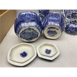 Collection of blue and white ceramics, to include two Adams Landscape pattern platters, Copeland Spode Italian pattern dish, Ringtons storage jars etc
