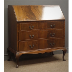  Early 20th century mahogany bureau, fall front enclosing fitted interior, two short and two long drawers, cabriole legs, W100cm, H103cm, D51cm  
