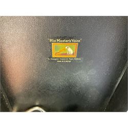 HMV portable wind up gramophone in a black case, together with a collection of records. 