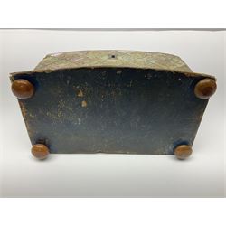 Victorian mother of pearl tea caddy, of rectangular bow-fronted form, the body with floral, bird and geometric engraved mother of pearl panels, white metal shield plaque to the cover inscribed with the initials G.J.A and similar escutcheon, the two division interior with ivory edging and two panelled mother of pearl lids, on four vegetable ivory bun feet L20cm, together with a similar style mother of pearl card case (2) This item has been registered for sale under Section 10 of the APHA Ivory Act