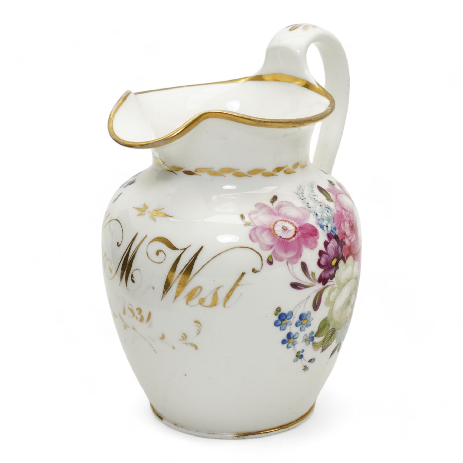 Early 19th century Spode porcelain basket, hand painted with pink roses and forget me nots and inscribed 'Walk Upon', L20cm, together with a similar Spode spill vase, two other spill vases, painted with flowers and castle, H10.5cm and an early English porcelain jug inscribed W & M West 1831, H16cm (5)