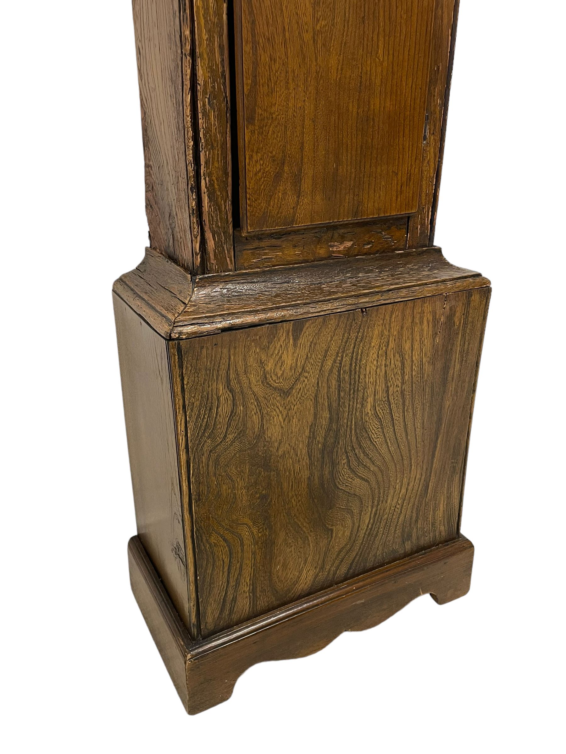 Jeremiah Henderson of Scarborough - 8-day longcase clock in an Elm case c1765,  with a flat top and broad cornice, square hood door flanked by two plain turned pilasters with gesso capitals, long trunk with a conforming door and break arch top, square brass dial with a matted centre, cast spandrels and ringed winding holes, silvered chapter ring with Roman numerals, five minute Arabic's, minute track and finely pierced matching steel hands, dial pinned to a rack striking movement with an anchor escapement. With weights and pendulum. Jeremiah Henderson was the son of Robert Henderson, the first recorded clockmaker in Scarborough. 