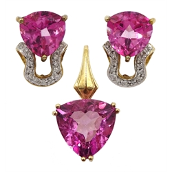 Pair of gold trillion cut flamingo topaz and and diamond stud earrings and a flamingo topaz pendant, all hallmarked 9ct