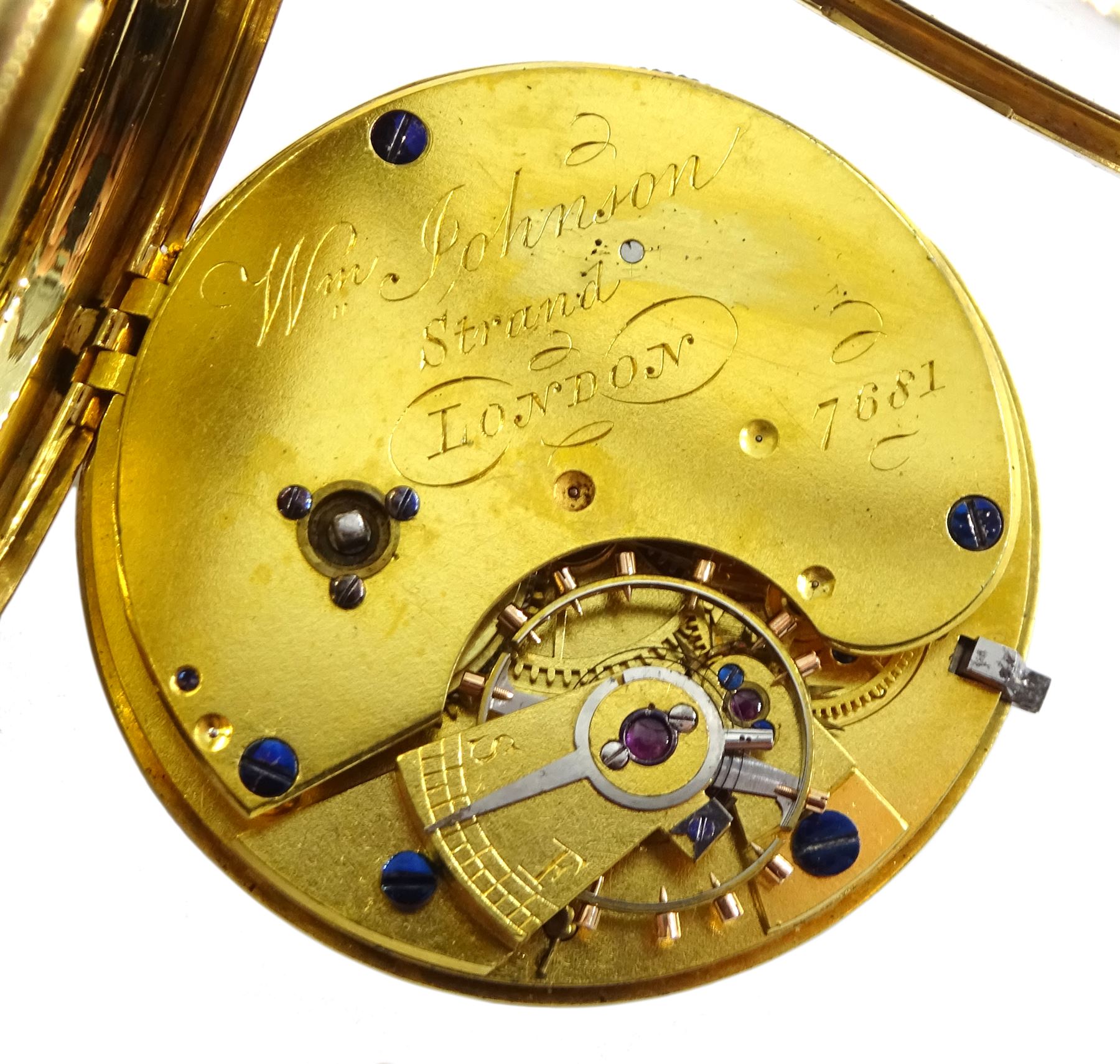 Victorian 18ct gold open face duplex fusee pocket watch by William Johnson, Strand London, No. 7681, white enamel dial with Roman numerals and subsidiary seconds dial, engine turned case, makers mark L C, London 1849