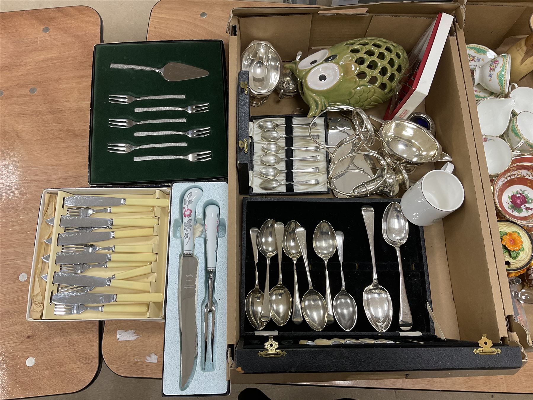 Old Tupton Ware floral decorated mantle clock, Wade Festival jug, Winsor tea wares and other ceramics, together with a collection of silver plate including blue glass lined salts, cutlery sets etc, two boxes 