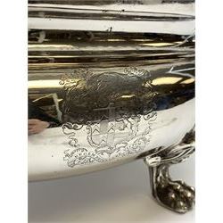 Matthew Boulton silver plated tureen and cover, the body of oval form with twin handles engraved with crest, probably for Whitgreave/Whitgrave family of Moseley Staffordshire, 'Regem Defendere Victum', (To defend the king even in his defeat/To defend the conquered king ), upon four paw feet, the cover with gadrooned rim and foliate loop handle 