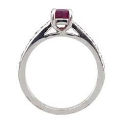 18ct white gold single stone emerald cut ruby, with diamond set shoulders, hallmarked, ruby approx 1.25 carat, total diamond weight approx 0.20 carat