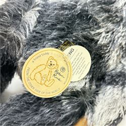 Three limited edition Robin Rive teddy bears, to include 'Charlie' a mottled grey mohair bear with brown suede pads limited edition no.24/200, 'Tim' a blonde mohair bear with orange felt waistcoat limited edition no.137/300 and one other in sequined waistcoat, two with certificate tags, tallest H48cm