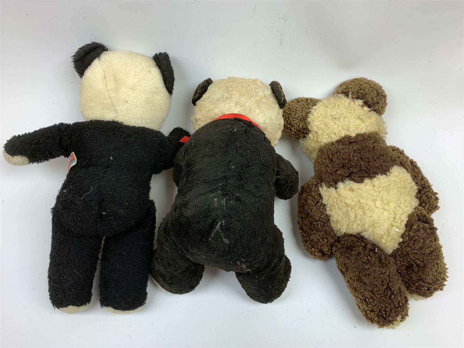 Seven English panda bears c1930s-50s including two Pedigree with plastic dog type noses H11.5