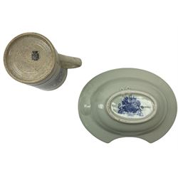 19th century Staffordshire pottery jug, entitled Willie Brewd a Peck o maut, depicting figures in relief, H24cm, a blue and white Victoria Ware Ironstone shaving bowl, L27.5cm, and a 19th century French Sarranguimes tankard with black transfer printed band depicting figures and horses, H17cm
