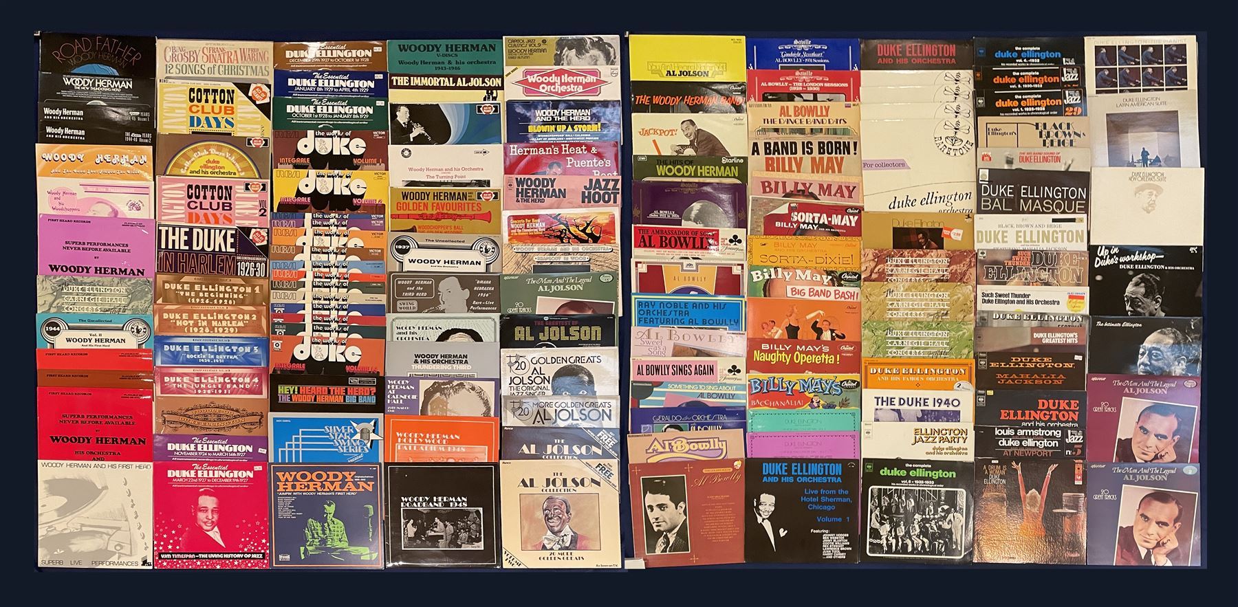 Large quantity of vinyl records, including Glenn Miller 'Major Glenn Miller And The Army Air Force Band Keep On Flying', 'Glenn Miller & His A.A.F. Band', 'The Best Of Benny Goodman' etc, 'Caribbean Ros Edmundo Ros and his Orchestra', 'Teddy Wilson And His All-Stars', 'The Real Fats Waller', 'Swing High Tommy Dorsey', 'The Latin World Of Edmundo Ros Vol.1', 'Command Performance More Music In The Glenn Miller Style Syd Lawrence Orchestra' etc; 'various volumes of 'the works of duke', 'Hey! Heard The Herd? The Woody Herman Big Band', 'The Immortal Al Jolson', 'The Duke Ellington Carnegie Hall Concerts December 1947' etc; set of fourteen Time Life Swing Era LP's together with other Jazz LP box sets including Big Bands Bonanza, In The Groove, The Great Band Era, The Golden Age of British Dance Bands, Jazz at the Philharmonic in 2 vols, approximately 400