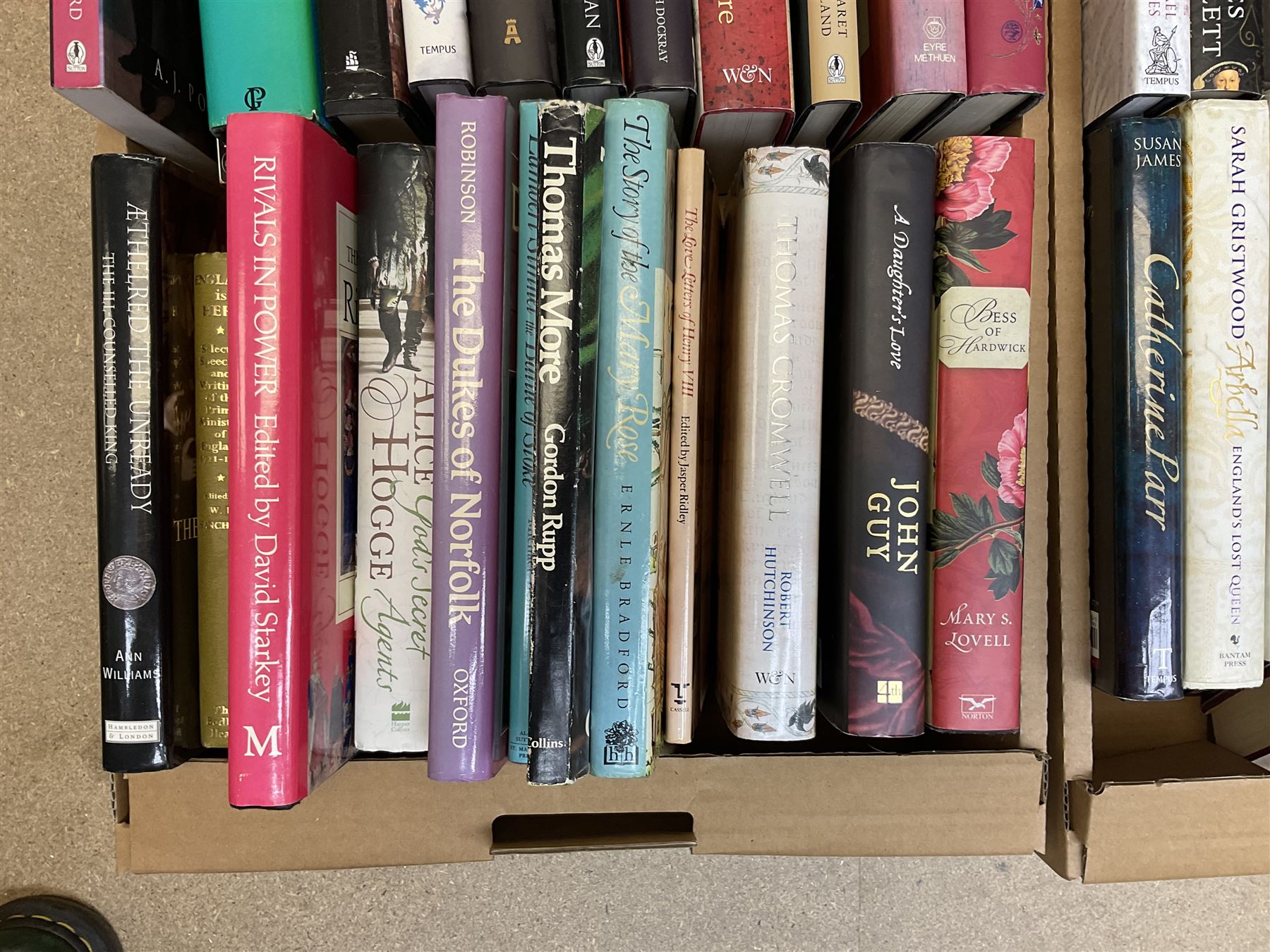 Collection of various history books to include world wars, tudors, vikings, anglo saxons and a number of political books, three boxes  