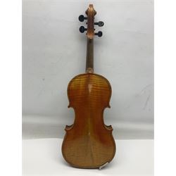 German trade violin c1900 copy of a Maggini with 36.5cm two-piece maple back and ribs and spruce top; double scroll; L60cm overall; in carrying case