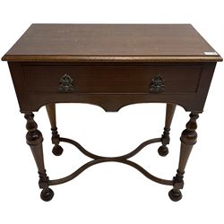 Georgian design mahogany lowboy, fitted with single cock-beaded drawer over double-arched apron, raised on turned supports united by shaped X-stretcher