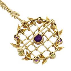 14ct gold amethyst, peridot and seed pearl openwork lattice pendant / brooch, on 9ct gold mariner link chain necklace