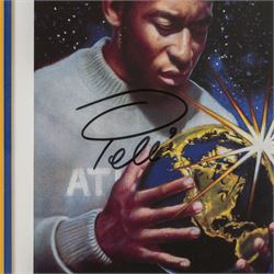 Signed limited edition print 'Pele Holding the Globe' by Stewart Beckett and Jose Palomares, signed by Pele in the centre in black marker, and by the artists below, no 130/350, with certificate of authenticity from Auction World TV, framed, H32cm
