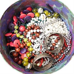 Two silver hinged bangles, 9ct gold mounted shell carved cameo brooch, badges, beaded necklaces etc
