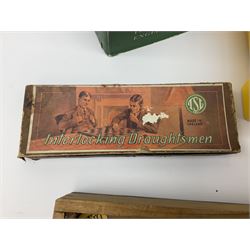 Collection of whimsy figures in a wooden display case, together with other assorted collectables, including stamps, pin badges etc