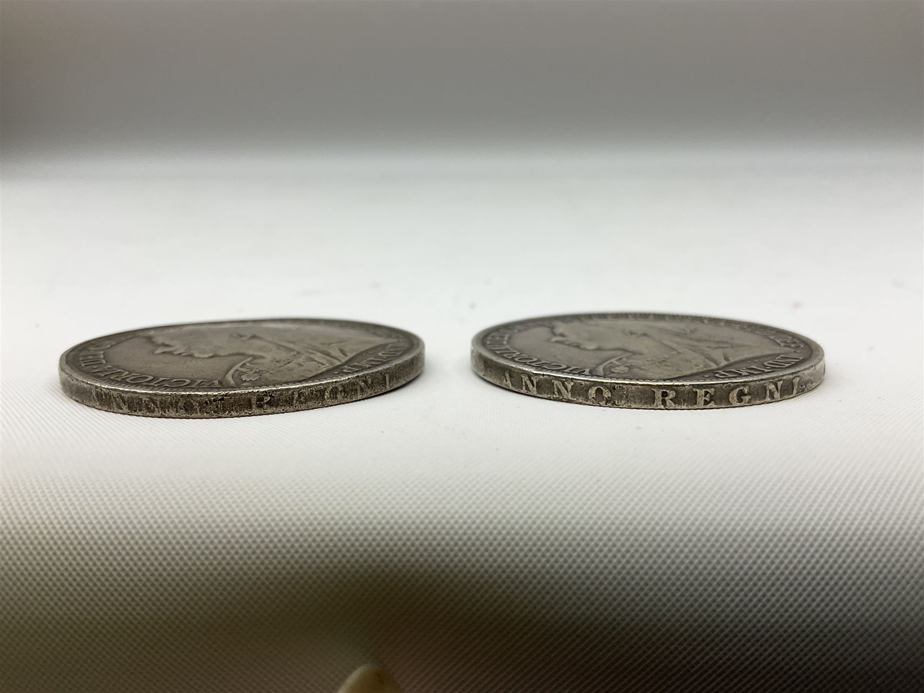 Two Victorian silver Crowns, 1896 and 1898, approximate weight 56 grams