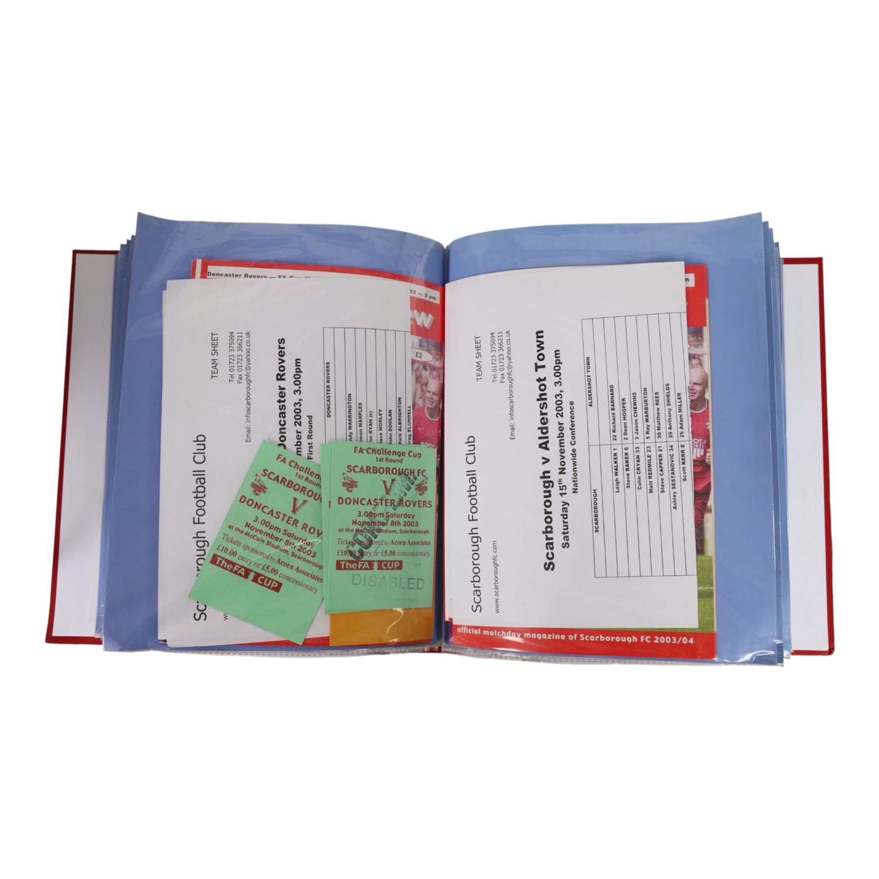 Comprehensive collection of approximately two hundred and thirty Scarborough FC football programmes for the 2003/04, 2004/05, 2005/06 and 2006/07 seasons, all filed within eight dedicated Scarborough FC red Home and Away binders