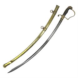 German Saxon 1st Empire Light Cavalry officer's sword c1820s, the 79cm clipped curving blade engraved with the crest of Hanover and various battle trophies with traces of blueing and gilding, brass hilt with knucklebow, foliate square langets, ornate downswept quillon, wire-bound fish skin grip with lion's head pommel; in brass scabbard with two suspension rings L95cm overall