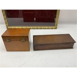 Table top display cabinet, the glazed hinged lid with ornate gilt border, together with two boxes with inlaid geometric decoration, and two other wood boxes, largest W55.5cm D36cm H7.5cm