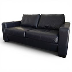 Modern blue leather two seat sofa, square formed arms, four loose cushions
