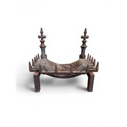 Victorian design cast iron fire grate with fire dogs, final over floral moulding and trefoil base