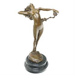Bronze figure of a nude female holding a vine, after 'H. Frishmuth', with foundry mark on socle base, H38cm