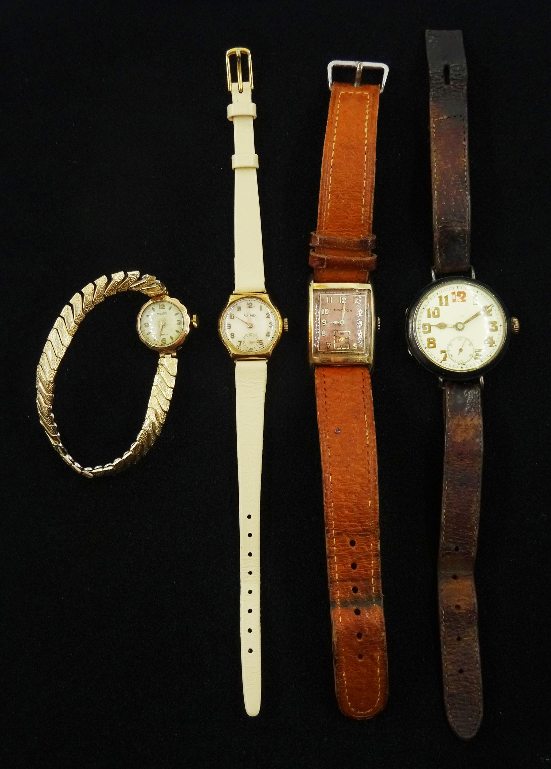 WWI silver trench watch, London import marks 1915, gold-plated Croton wristwatch and two ladies 9ct gold wristwatches, hallmarked, on leather straps (4)