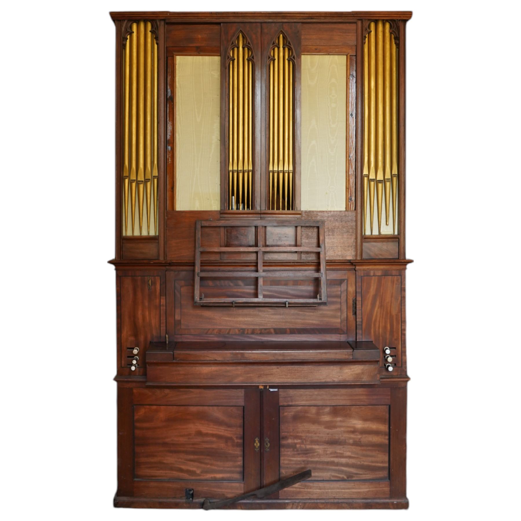 Mid-18th century Johannes Schnetzler (John Snetzler) Chamber Organ 1742
Single manual chamber organ, five octave keyboard with 58 keys GG-f3, A=427, with ebonised naturals and ivory faced sharps. With six speaking stops, Open Diapason, Twelfth, Cornet, Stopped Diapason, Flute and Fifteenth. Crank foot operated single rise reservoir. Case with alterations from the early part of the 19th century including the “gothic” arches and rectangular watered silk panels. Some of the pipework has been replaced, all the pipework is however present and the organ plays, however the pipe work is dirty and in need of attention, the action and stop work is also in need of some repair, adjustment and regulation. Thought to be the oldest Schnetzler chamber organ in Great Britain and is referred to in some sources as possibly owned by Handel who lived in London when Schnetzler worked there. However there is no documentary evidence to confirm this. Full notes and technical details regarding the background, restoration and history of this instrument can be found in The Harley Foundation Historical and Technical Report No 29 (2005) by Edward Bennett and Martin Goetze. This report can be downloaded 
HERE.

Given the intricate nature of these historic instruments, specialist support will be available if required – including a professional organ builder prepared to undertake full dismantling and reassembly – to assist successful buyers with safe removal and onward handling. Price upon application. 

This item has been registered for sale under section 10 of the APHA Ivory Act Reference GXAQ2W4S




