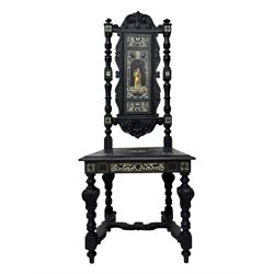 19th century Italian ebonised side chair, the backrest inlaid with bone and decorated with a painted figure in Renaissance dress within an arched reserve, flanked by turned supports and scrolled cresting, the seat and frieze similarly inlaid, raised on turned legs with shaped stretchers