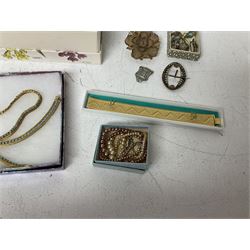 9ct gold St Christopher charm, together with a collection of costume jewellery including beaded necklaces, gold plated flat link bracelet and two wristwatches