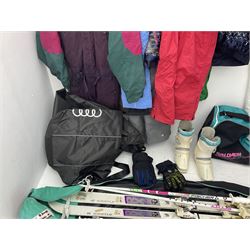 Skiing equipment, to include pair of Kastle RX15 skis with Salomon 151 ski bindings attached, Salomon ski bag, pair of Saloman SX61 ski boots, Saloman boot bag, two sets of ski poles, a collection ski suits, trousers and jackets, etc. 