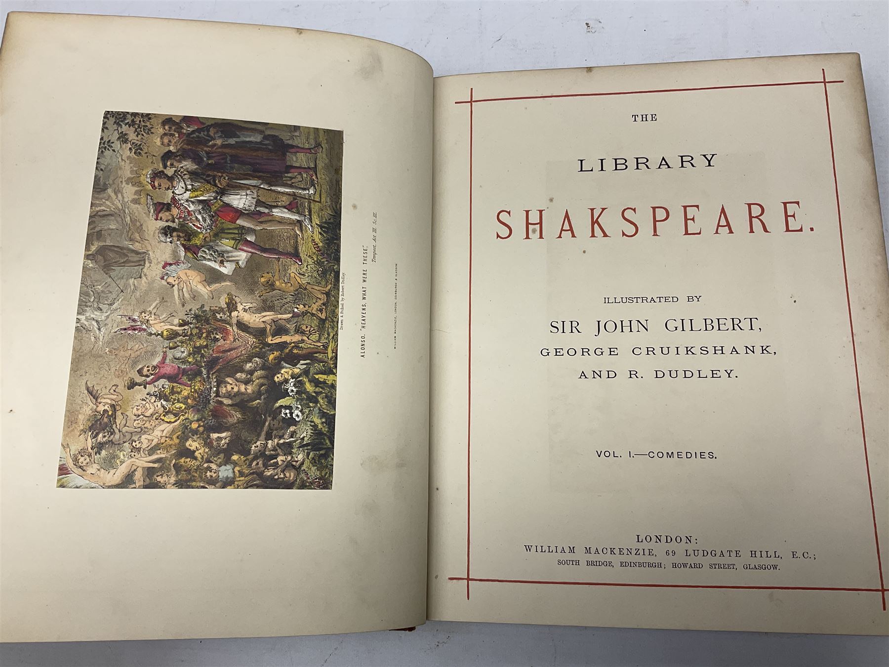 The Library Shakspeare Illustrated by Sir John Gilbert, George Cruikshank and R. Dudley with laid-in colour plates, three volumes, uniformly bound in half leather with a.e.g.