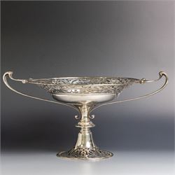 Early 20th century silver twin handled tazza, the bowl of circular form with pierced folia...