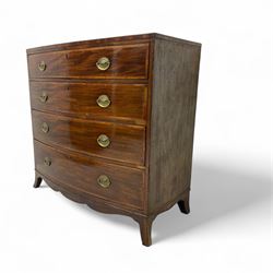 George III mahogany bow-front chest of drawers, four graduated drawers with oval brass handles, raised on splayed bracket feet with a shaped apron