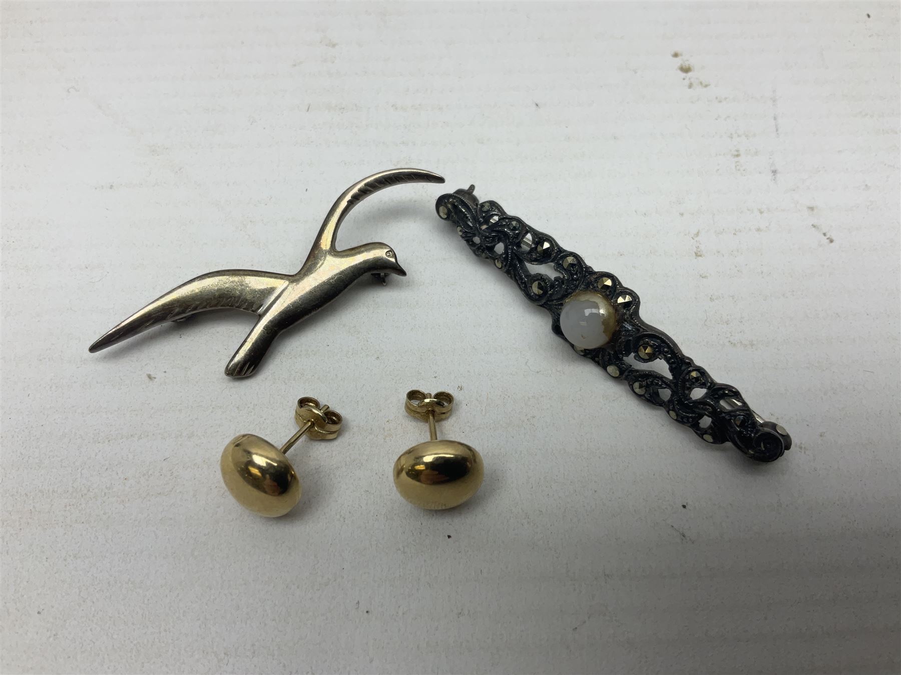 Scottish silver Ola Gorie arctic tern brooch and a matching pair of earrings 9ct gold stud earrings collection of costume jewellery three wristwatches including Ingersoll and Rotary a Freeman s Al Dec...